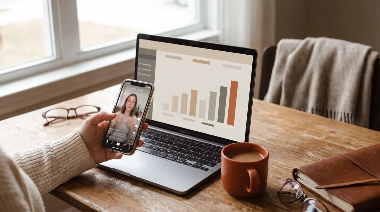 Vidéo verticale sur un smartphone et tableau de bord de performances sur un ordinateur