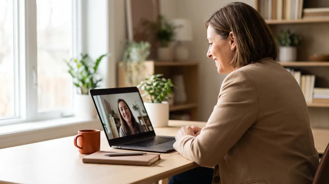Échange en visioconférence sur un ordinateur portable pour préparer l'interview